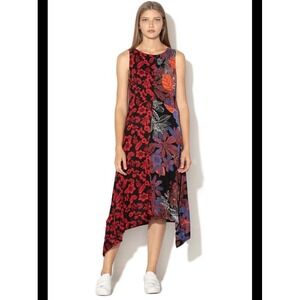 Desigual Womens Floral Mixed Print Asymmetrical Sharkbite Hem Midi Dress Size M